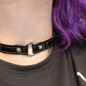 Hustler Hollywood Patent Black O-Ring Choker, Play Collar, Goth Punk Alt